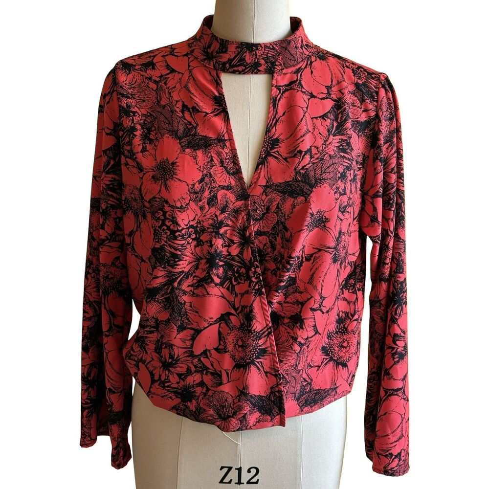 Allison Joy Red Floral Draped Blouse Top Long Sleeve Womens Size M